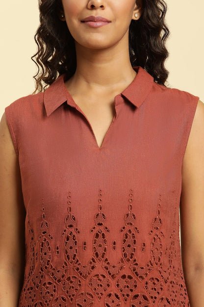 Dark Red Cotton Schiffli Top And Pants Co-Ord Set - View 2