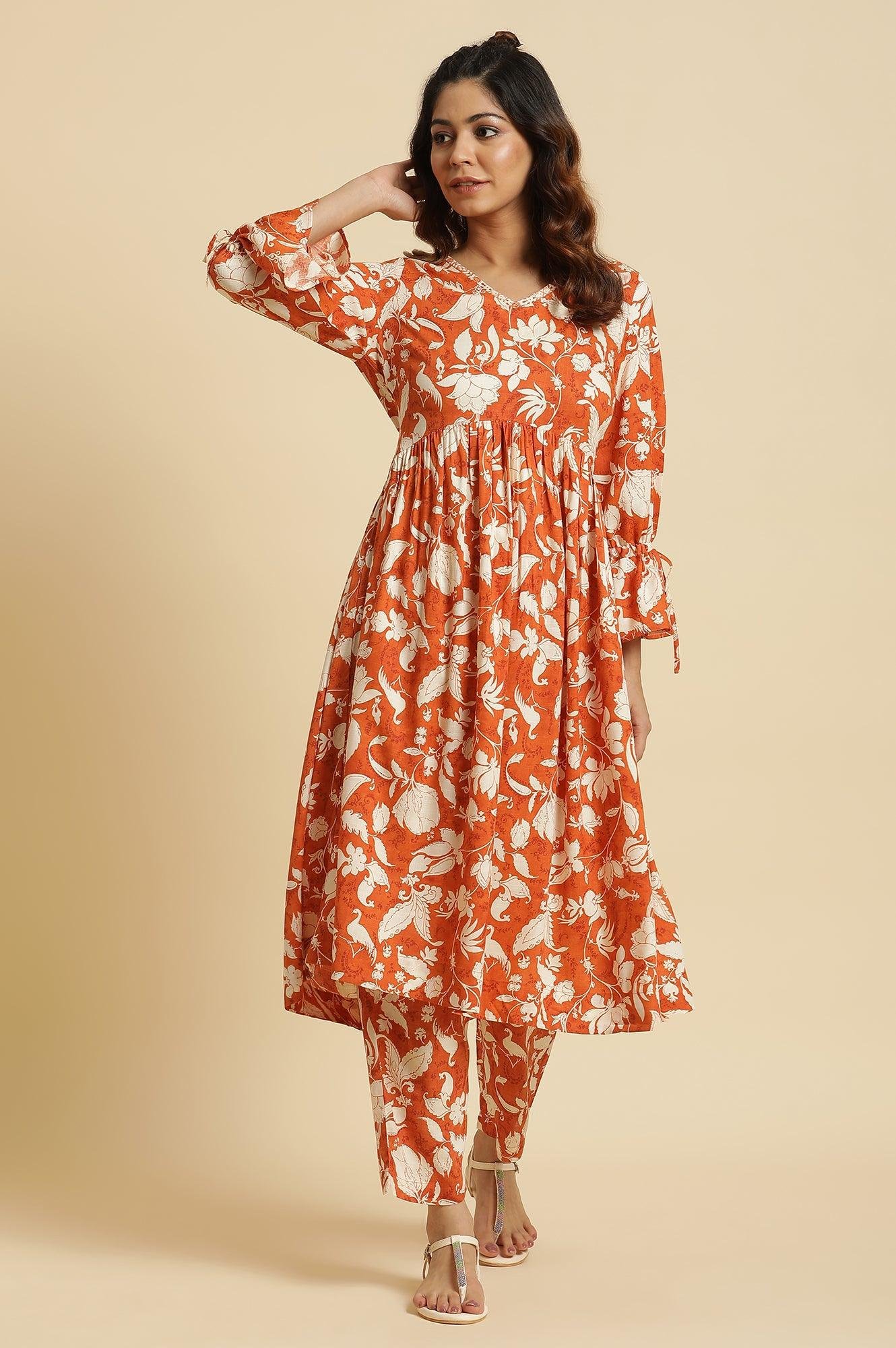 Dark Orange Floral Printed Kurta &amp; Pants Co-Ord Set - View 9