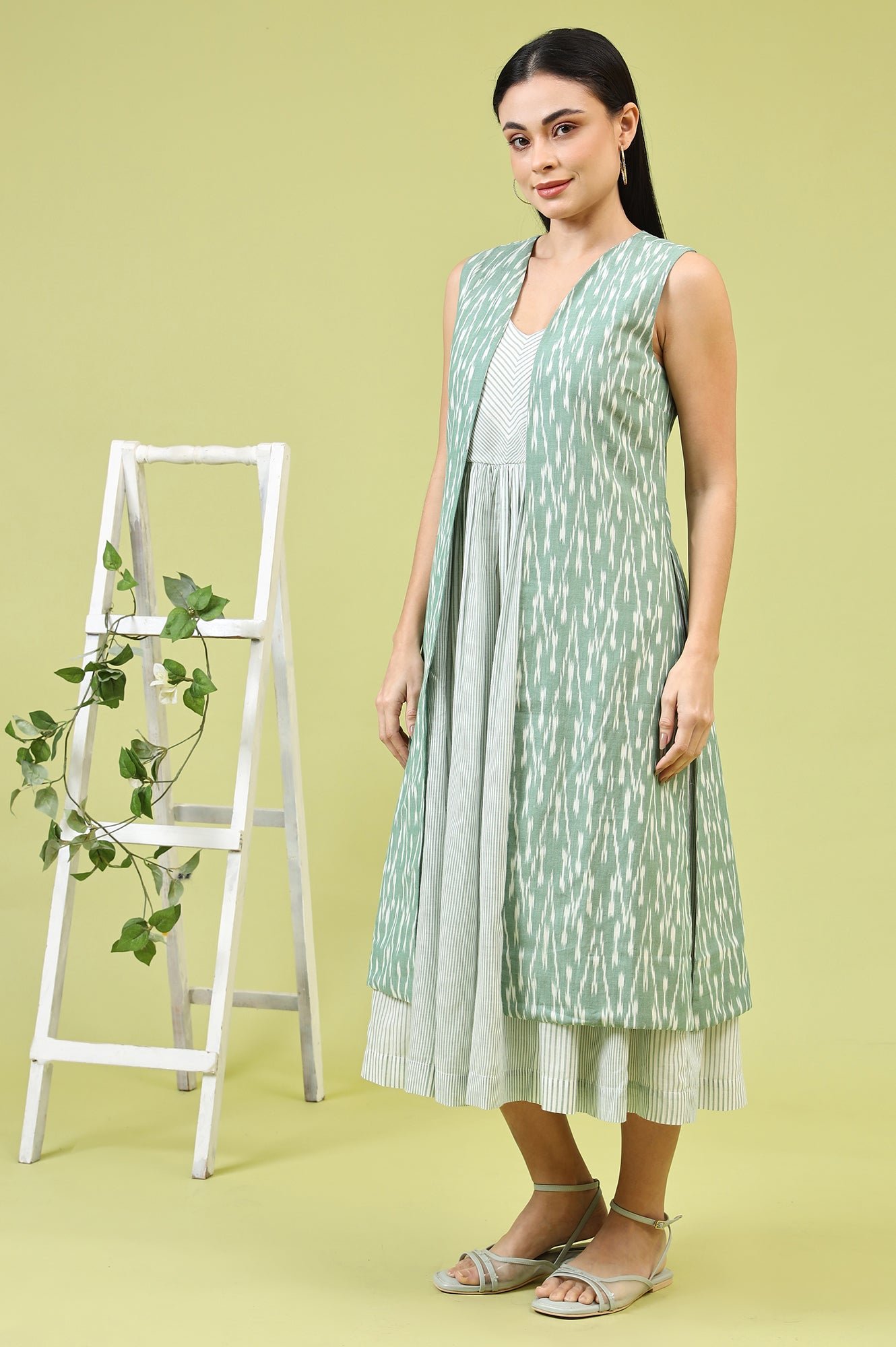 White and Green Geometric Printed Flared Spaghetti Dress and Gilet Set - View 8