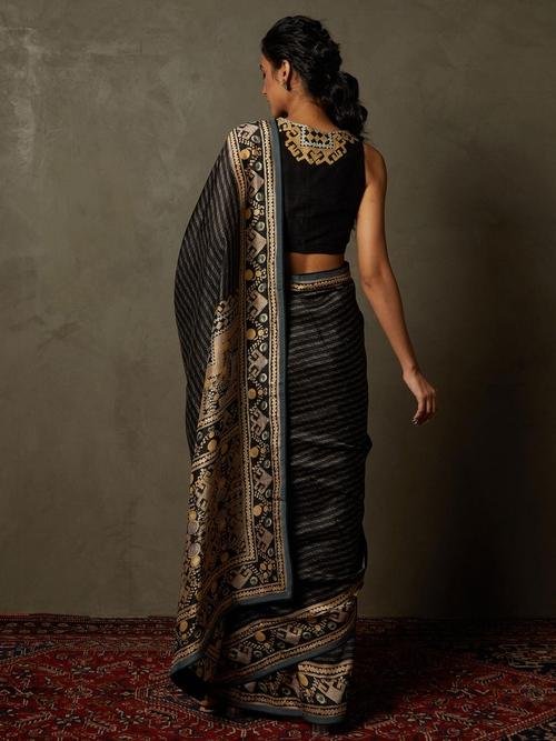 Black &amp; Beige Noni Saree With Stitched Blouse - View 3